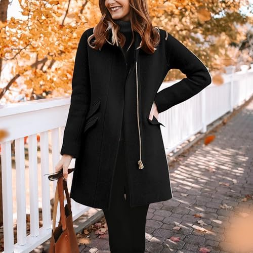 Women's Classic Spring Open Front Long Trench Coat Wool Blend Zip