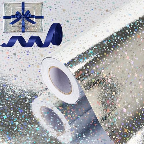 Bafeil Silver Star Wrapping Paper Roll - Metallic Holographic Gift Wrap with Ribbon for Birthday Mothers Day Graduation Wedding Engagement Baby Shower 17 IN x 32.8 FT