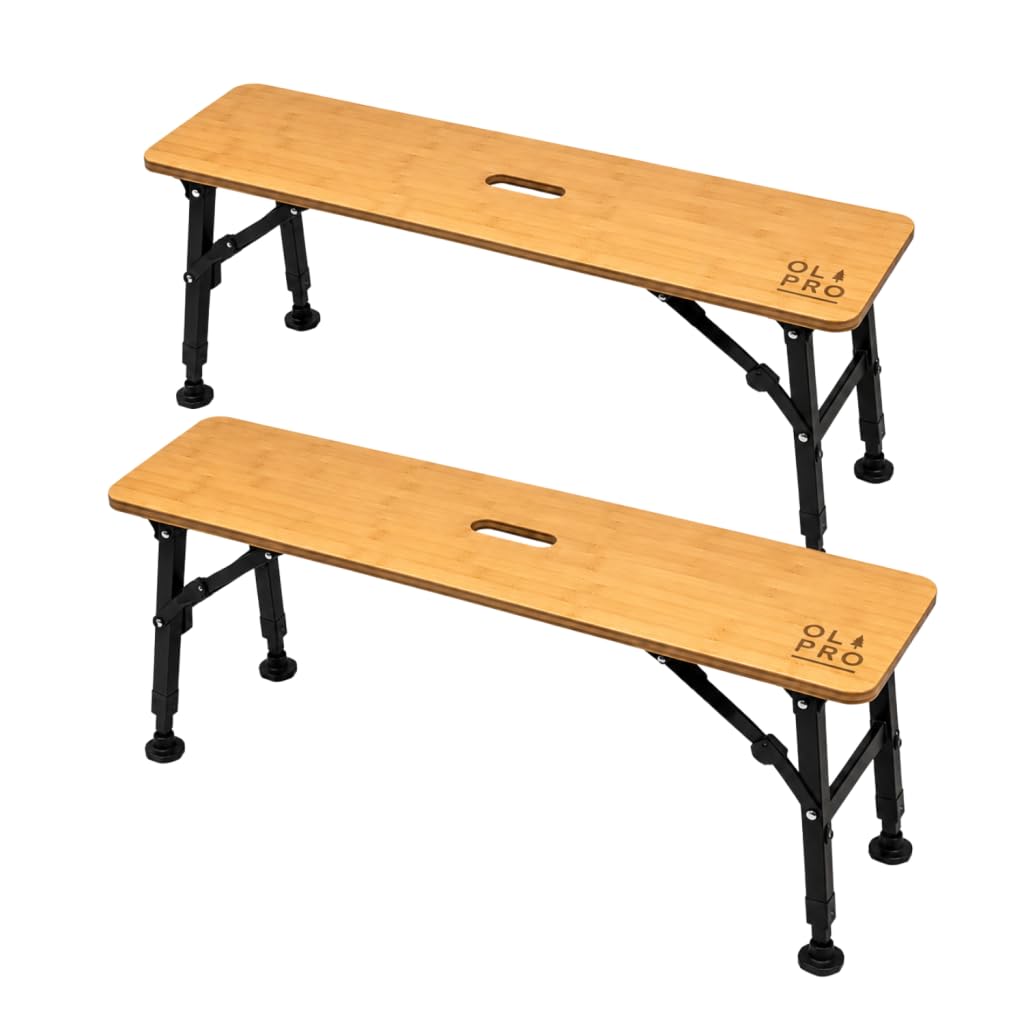 OLPRO Folding Bamboo Camping Bench Set (2 Pack) – Height Adjustable Outdoor Bench Seats with Aluminium Frame – Foldable Picnic, Campervan & Garden Seating with Carry Bag