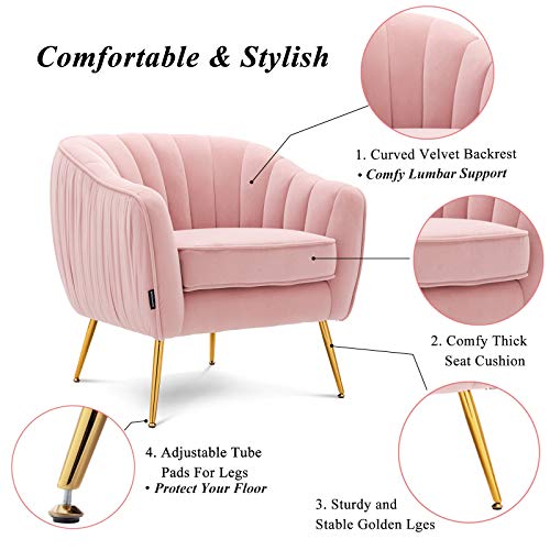 Artechworks Velvet Modern Tub Barrel Arm Chair Upholstered Tufted With Gold Metal Legs Accent Club Chair With Ottoman Footrest For Living Reading Room Bedroom, Pink #TOP3