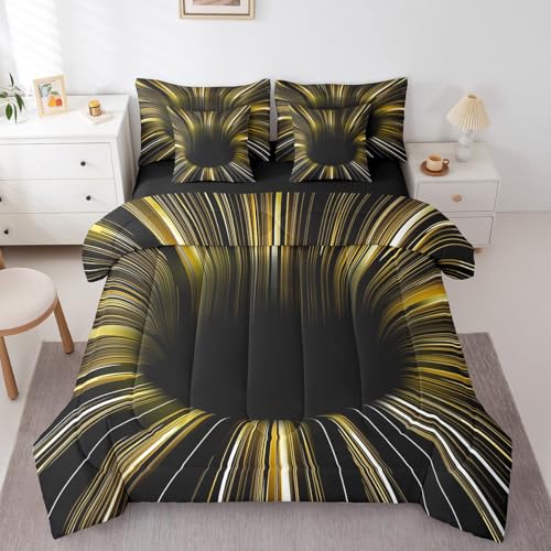 Black Light Yellow Bed in a Bag Queen Comforter Set 7 Piece,3D Black Hole Abstract Geometric Bedding Sets,Modern Striped Circle Swirl Sheet Set with Comforter,Geometric Stripes Line Bed Set