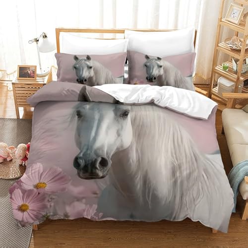 Housse de couette cheval blanc pour chambre d'adolescent et lit simple pastel