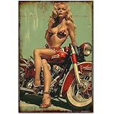 Sexy Girl On A Motorcycle Tin Signs- Retro Classic Art Wall Decoration - Garage/Room/Farm Tin ​Painting Artwork - Original Vintage Design Tin Metal Wall Art Print Poster