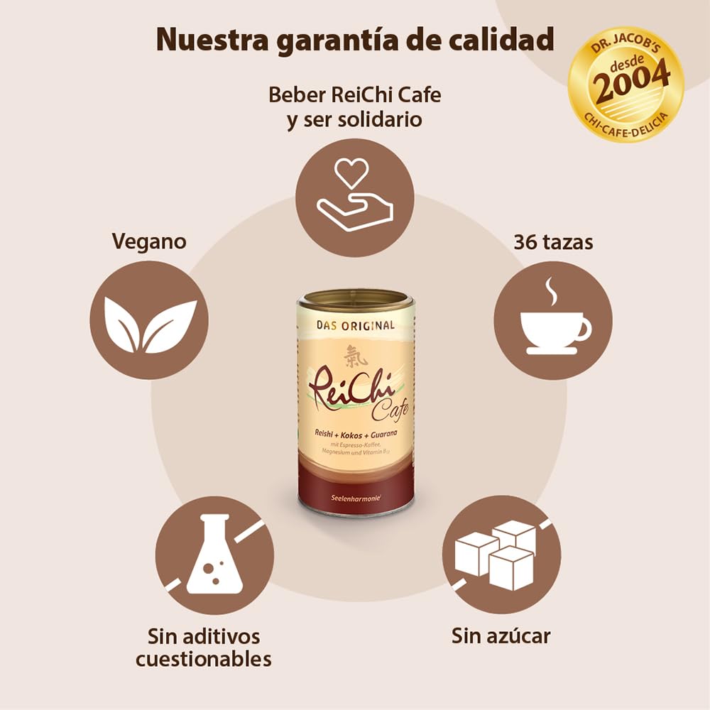 Dr. Jacob´s Café Soluble Reichi Vegano con Seta Reishi y Extracto de Guaraná y Ginseng Enriquecido con Magnesio y Vitamina B12 I Café Energizante Sin Glúten Lactosa ni Soja I Lata 180 g I 36 tazas