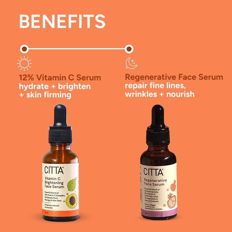 Image of CITTA Vitamin C & Regenerative Face Serum Combo,Dual-Action Skincare For Radiance & Anti-Aging,Brightening + Wrinkle Correcting Formula,Face Serums For Unisex,All Skin Types,30 Ml + 30 Ml