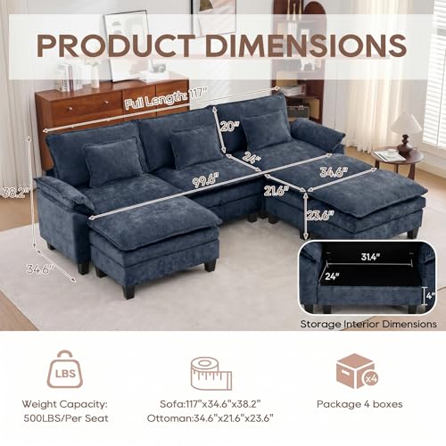 Image of IPKIG 117 inch Modular Cloud Couch with Storage, C Shaped Sectional Sofa | 3 Seater Blue Chenille Deep Seat Sectional Couches with Ottoman and Pillow for Living Room, Apartment