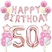 KUNGYO 50th Birthday Decorations Kit-Rose Gold Happy birthday Banner- Giant Number 50 and Star Helium Foil Balloons, Ribbons, Paper Pom Flowers, Latex Balloons, Elegant Party Supplies for Women