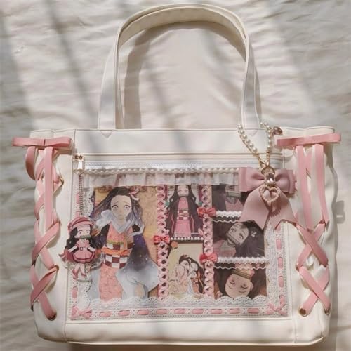 Image of Ribbon Ita Bag Pins Display Single Shoulder Crossbody Bag PU Leather Big Capacity Tote Bag with Zipper (White)