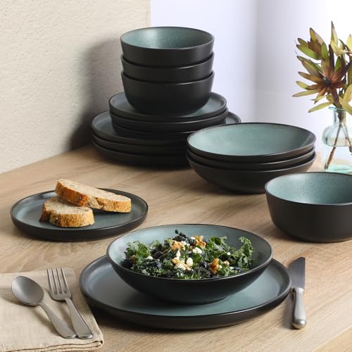 Image of Gibson Elite Tribeca Loft 16-Piece Dinnerware Set - Matte Black and Green Reactive Glaze Stoneware, Double Bowl Round Plates and Bowls - Modern Rustic Tableware for 4, Dishwasher & Microwave Safe