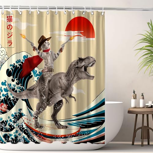 Image of Funny Cute Cat Shower Curtain, Japan Cat Dinosaur Surfing Ocean Sea Wave Fabric Shower Curtains Set, Japanese Art Shower Curtains with Hooks, Kids Bathroom Decor 72x72inch