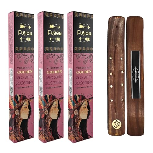 Aromasenses | 3 Cajetillas de Incienso Golden Fusion Palo Santo y Romero 15 Gramos + 1 Tablilla Aromasenses | Incienso Etnico 100% Natural | Limpiador de Energias