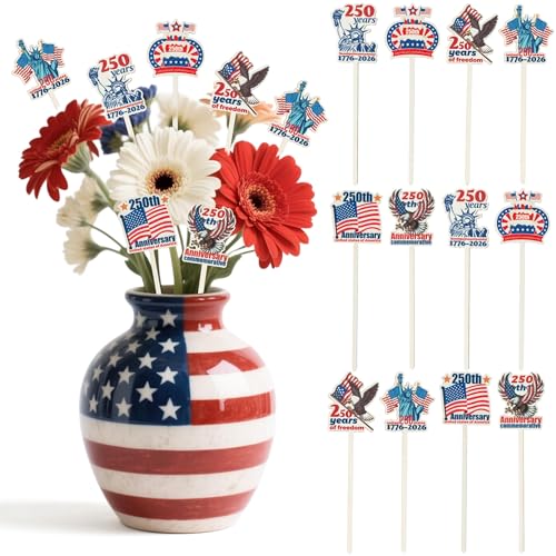 TICIAGA America 250th Anniversary Wooden Floral Picks - 12PCS 4th of July Independence Day Decorative Sticks, Red White Blue Patriotic Vase Fillers for Table Centerpiece Home Party Outdoor Decor