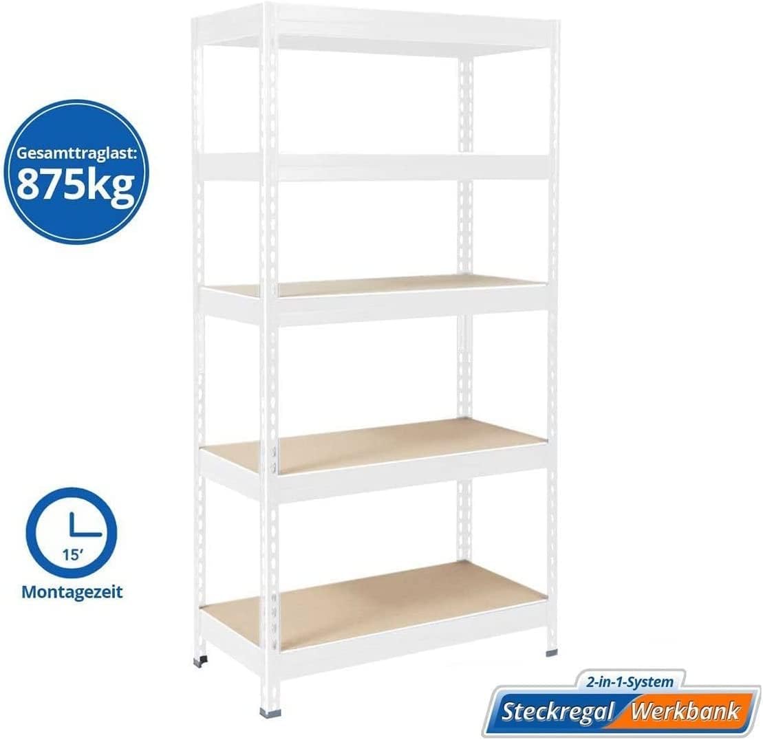 KARAT - Estantería de almacenamiento para cargas pesadas, estante, bodega, almacén, banco de trabajo, capacidad de hasta 1500 kg, montaje rápido y estable (blanco, 180 x 90 x 45 cm)
