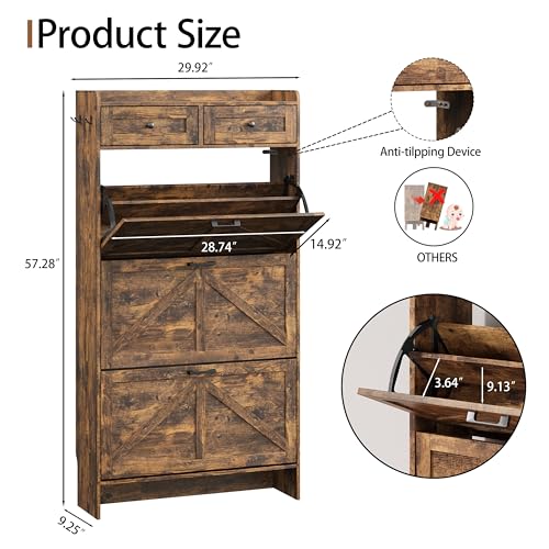 Image of Shoe Cabinet with 3 Flip Drawers & 2 Top Drawers, 57 inch Tall Freestanding Narrow Wooden Shoe Storage Organizer for Entryway, Hidden Slim Shoe Rack for Front Door Entrance, Hallway, Living Room, Brown