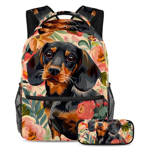 Cartables grande capacité lot de 2 avec trousse imprimé chien saucisse et fleurs pour étudiants