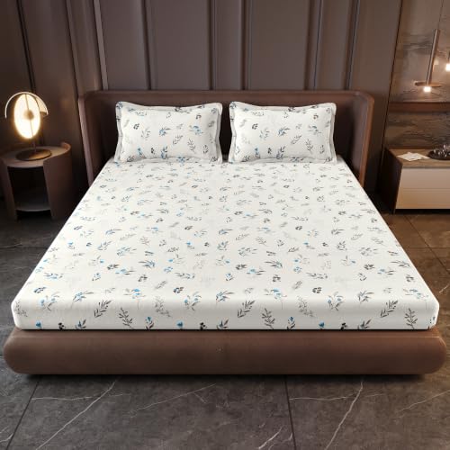 Image of Divine Casa King Size Fitted Bedsheet with 2 Pillow Covers (200 x 180 CM) | Cotton Twill Satin Floral Print | Cream Blue Elastic Fitted Sheet for Mattress.