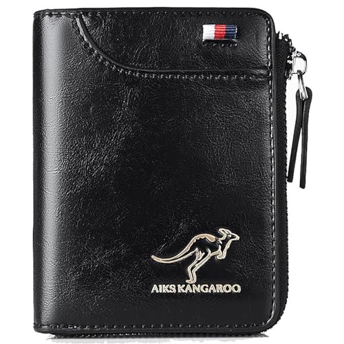Image of Men Wallet Zipper Genuine Leather Purs, Aiks Kangaroo Wallets, PU Stylish Soft Simple Design RFID Protected Wallet (Retro Black)