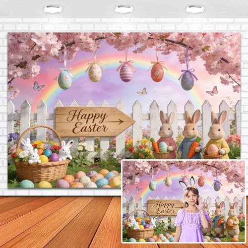 Leowefowa 18x7ft Pink Spring Happy Easter Backdrop Cherry Blossom Bunny Eggs Floral Rainbow Fence Spring Backdrops for Photography Background Easter Party Birthday Decor Wall Banner Props Vinyl
