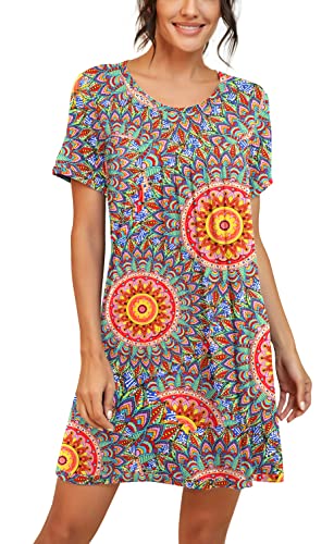 Image of PrinStory Nightgowns for Women Short Sleeve Night Gowns Pleated Sleep Shirt Ladies Nightshirt Soft Sleepwear