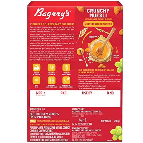 Image of Bagrry's Crunchy Muesli - 200g | 83% Multigrain, Brans, Almonds, Raisins & Honey | 40% Fibre Rich Oats | High Fibre and Protein Breakfast Cereal | No Added Preservatives | Non-GMO Oats | 100% Natural | Trans Fat & Cholesterol Free