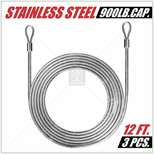 ColourTree 36 Feet (12ft x 3) Wire Cable Ropes Hardware Kits for Triangle Sun Shade Sail Canopy, PVC Coated Stainless Steel Metal - Commercial Standard Heavy Duty
