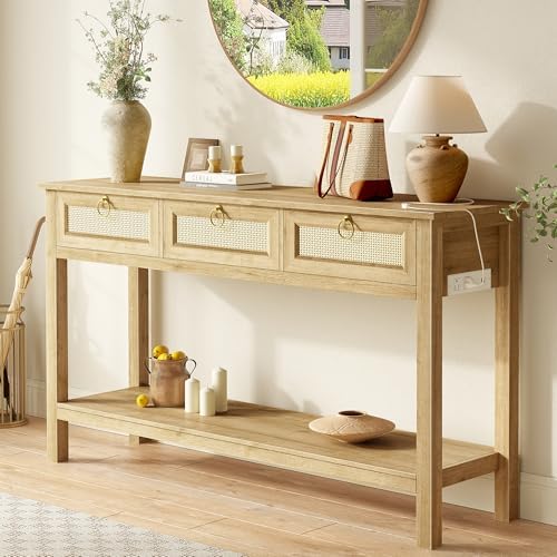 SUPERJARE Rattan Console Sofa Table with Outlets, USB-C Port and 3 Drawers