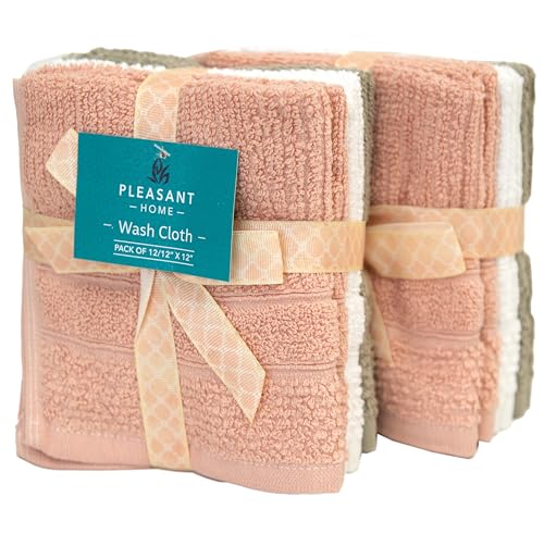 Image of PH Pleasant Home Ribbed Wash Cloths Set - 12 Pack (12 inch x 12 inch) - 509 GSM - 100% Ring Spun Cotton Wash Cloth - Super Soft and Highly Absorbent Face Towels (Blush,White & Tan)