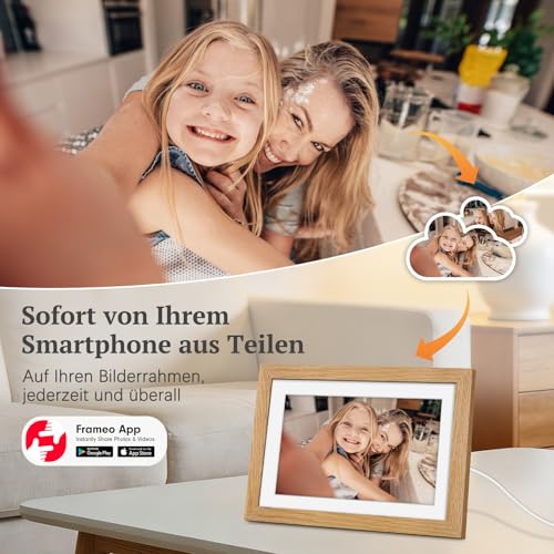 Digitaler Bilderrahmen Holz WLAN mit 32GB Speicher, 10.1 Zoll Elektronischer Bilderrahmen 1280*800 IPS Touchscreen, Fotos/Videos sofort über Frameo APP Teilen, Geschenke für Frauen Männer, Eichenholz