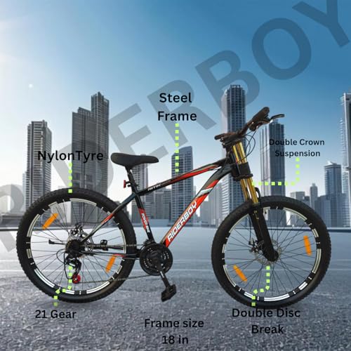 Image of RIDERBOY Double Crown Suspension 26T | 21 Gear Cycle for Men | Strong Steel Frame & Dual Disc Brakes with Mega Hub | MTB Bicycle for Off-Road & City Riding Ideal for 13+ Yrs - Black