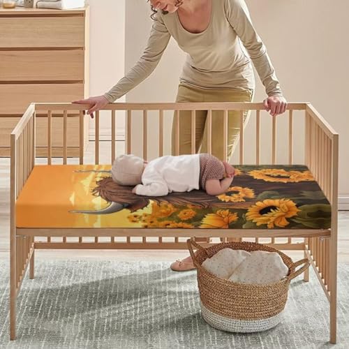 Image of Highland Cow Baby Crib Sheets Neutral Sunflower Bedding Sets for Standard Cribs Breathable Baby Sheet for Bassinet Fitted Crib Sheets Nursery Decor Boy Girls Toddlers
