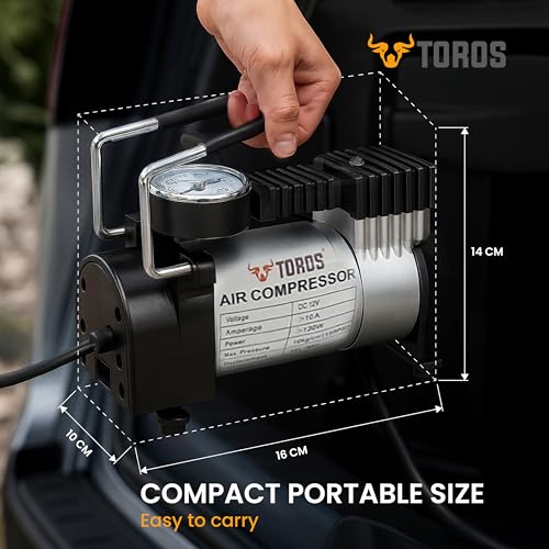 Image of TOROS Classic Heavy-Duty Tyre Inflator /Air Compressor,180 Watts, Copper Armature, Metal Cylinder, 35 Liters Per Minute, 12V Dc, 150 Psi
