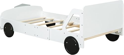 Miniatura 281 de Cama de plataforma en forma de auto de carreras con ruedas, cama de plataforma de madera tamaño individual con barandilla, cama de plataforma para