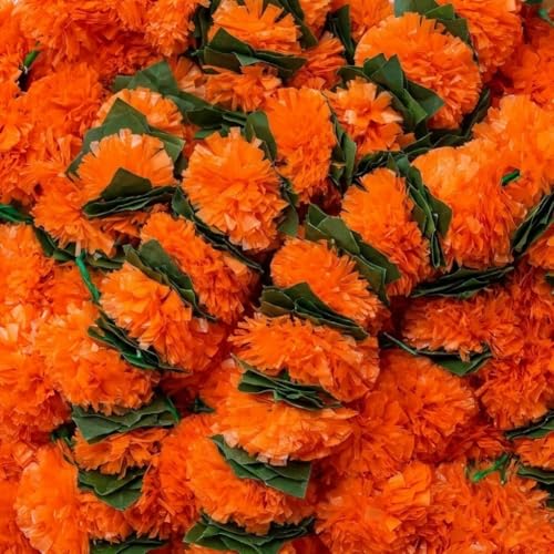 Image of Bindian Artificial Marigold Flower Toran 2.5 Ft Orange with Leaf & Bells | Decorative Bandanwar for Diwali, Pooja, Wedding, Festival, Home Entrance & Wall Decoration (Pack of 10)