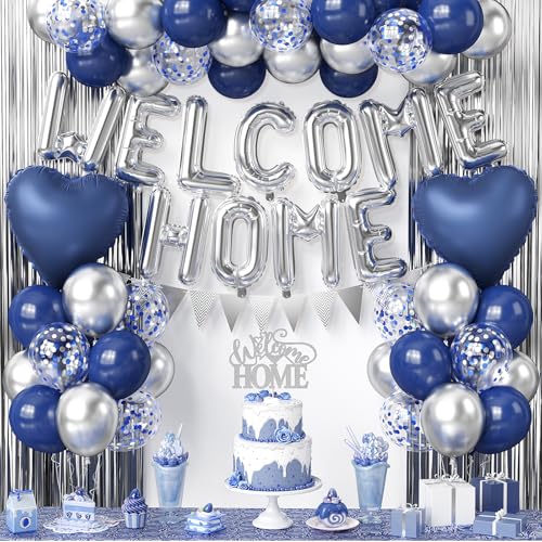 Welcome Home Decorations Navy Blue Silver Welcome Home Balloon Banner with Heart Foil Balloons Fringe Curtain Cake Topper for Housewarming Baby Shower Family Party Supplies