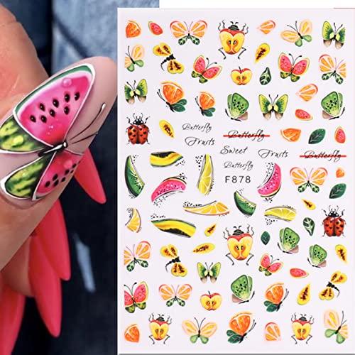 Summer 3D Nail Art Stickers Fruits Nail Stickers Adhesive Lemon Strawberry Nail Decals Fruit Design Nail Sticker Decals Summer Nail Decorations 3D Sliders For Nails Women French Manicure Supplies 6Pcs #TOP1