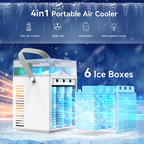 climatiseur mobile portable, 4 en 1 usb mini climatiseur portable refroidisseur d'air avec 6 bacs à glace, 3 vitesses mini air climatiseur ventilateur pour maison, bureau, voyages