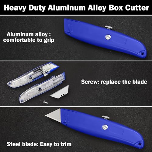 Image of Lasnten 12 Pcs Box Cutter Bulk Retractable Utility Knife Heavy Duty Aluminum Alloy Carpet Knife Package Opener Cutter Blade for Cardboard Plastics Cartons DIY Home Warehouse Office(Blue)