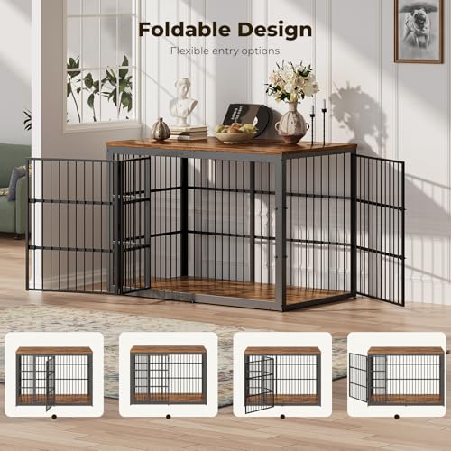 54" Dog Crate Furniture with Foldable Door, XXL Dog Crates for Large Dogs, Wooden Decorative Dog Cage Kennel Indoor End Table, Rustic Brown