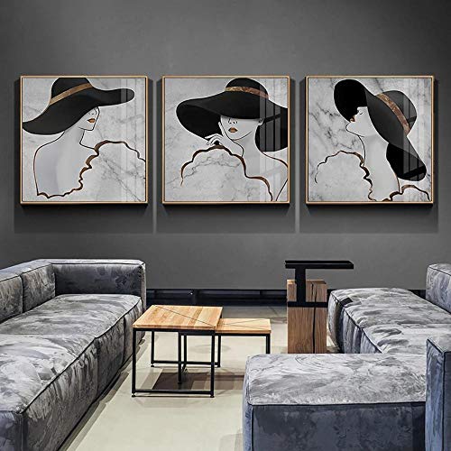 print image Lignes peintes abstraites modernes simples portant un chapeau lèvres rouges belle femme motif en marbre décorations de salon | 40x40cmx3 | Pas de cadre