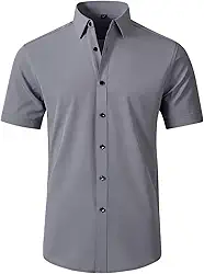 Camisas sociais masculinas, sem rugas, ajuste regular, elástico, abotoadas, camisas casuais para negócios