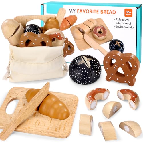 DESPOINA Acessórios cozinha de brinquedo, conjunto de pequeno-almoço pão de madeira para cortar com velcro, comida alimentos infantis, educativo Montessori conjunto de papéis, presente para meninos e