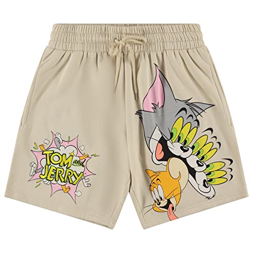 Mens Tom & Jerry Battle Shorts - Classic Hanna-Barbera Vintage Cartoon Allover (Sand, XX-Large)