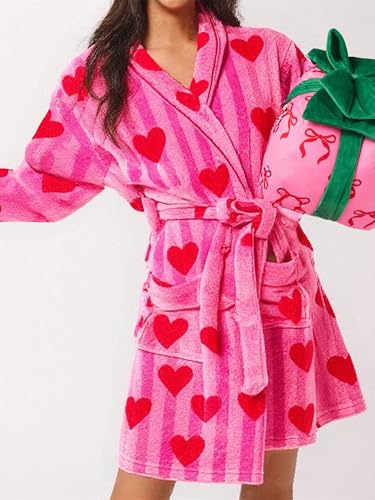 Miqil Women Fuzzy Fleece Flannel Lounge Robe Cute Bow Knot Heart Print Shawl Collar Belted Plush Soft Bathrobe with Pockets