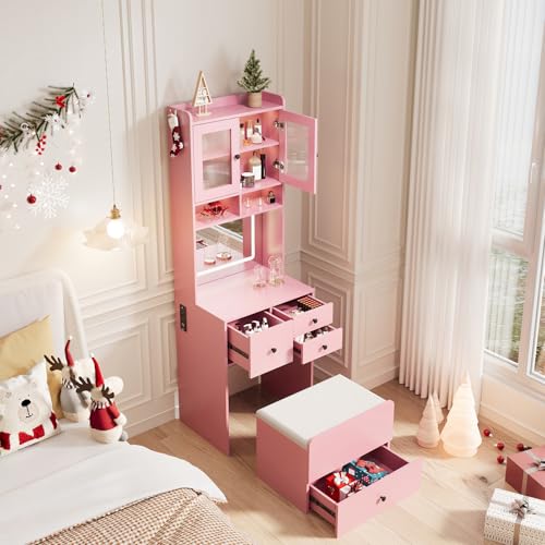 Garvee 3 in 1 Vanity Desk with LED Light, Tall Makeup Vanity Set with 2 AC Outlets & USB-c, Dressing Table with Drawers & Acrylic Doors, Nightstand Vanity Mirror, Jewelry Box, Cushioned Chai