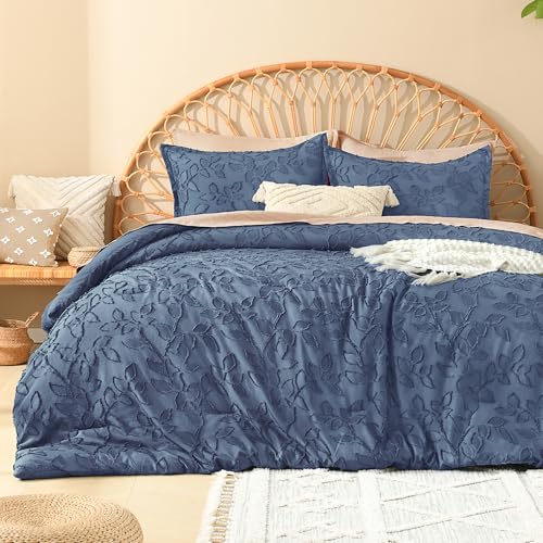 Image of Litanika Queen Size Comforter Set Ocean Blue, 3 Piece Cream Boho Tufted Bedding, Fluffy Farmhouse Bed Set for All Season with 2 Leaf Pattern Pillowcases(90x90In)