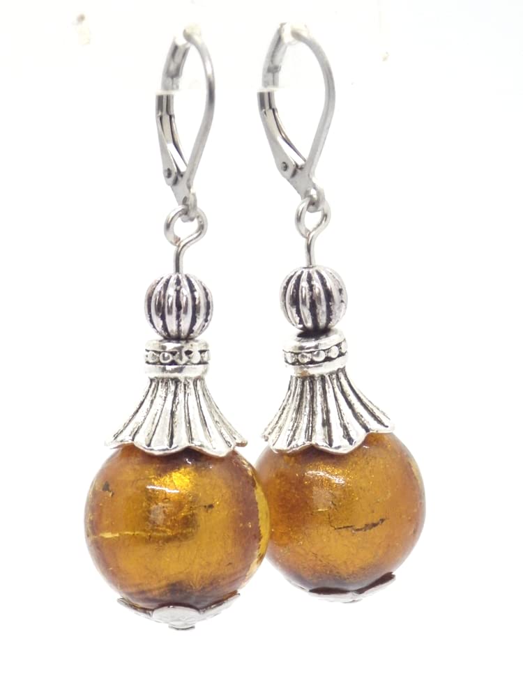 Conjunto de bisutería pendientes, collar y pulsera en acero inoxidable, hematites y cuentas de cristal de Murano color oro