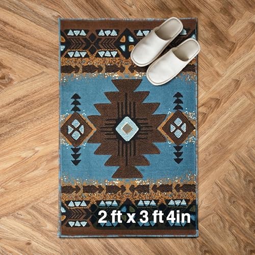 YHSF Southwest Native American Area Rug – Thick, Soft, Durable & Easy to Maintenance Tribal Design Boho Rug– Ideal for Bedroom, Living Room & Hallway - Blue-Brown, 2 Feet x 3 Feet 4 Inches