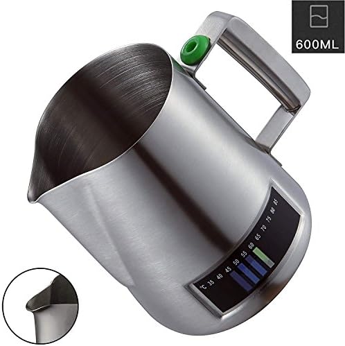 Milk Frothing Pitcher，Coffee4u Stainless Steel Creamer Frothing Pitcher With Integrated Thermometer 20 oz (600 ml), Chrome