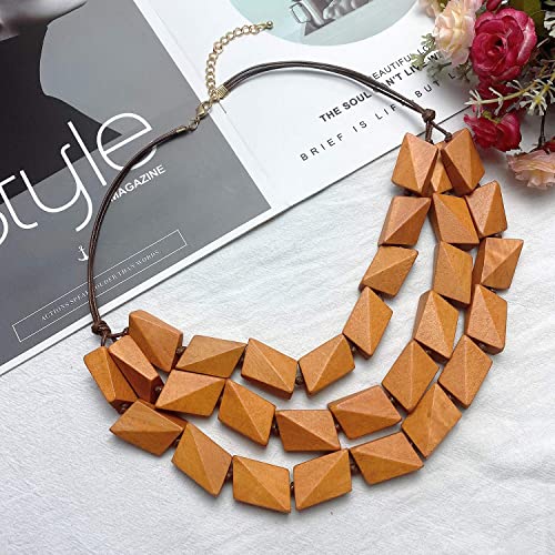 Coiris 3 Layers Big Faceted Wood Beaded Strand Statement Necklace For Women Chunky Collar (N0018-Light Brown) #TOP1