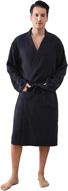 Mens Robes All-Season Waffle Lightweight Spa Knit Shawl Bathrobe Soft Knee Length Sleepwear